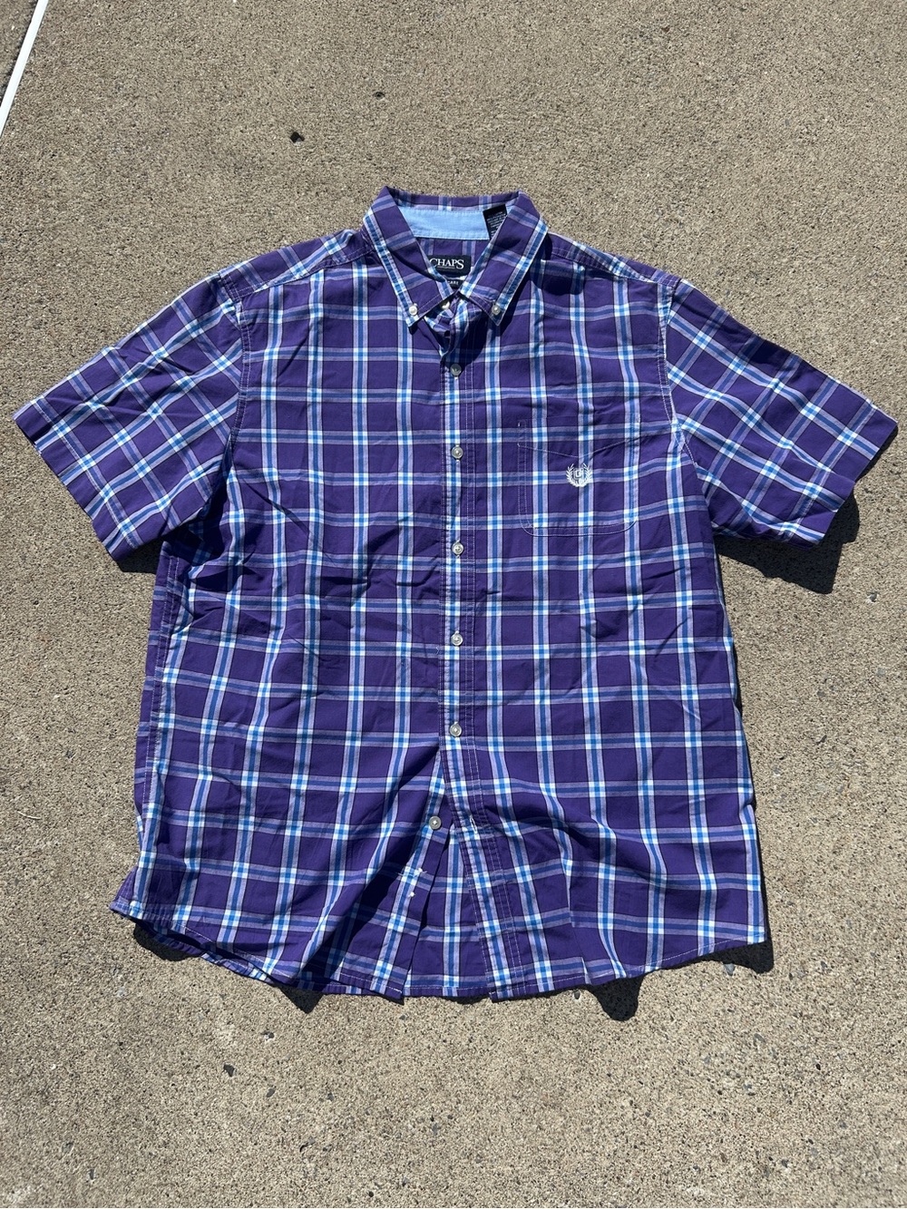 Chaps Easy Care Men's Purple Plaid Short Sleeve Button Down Shirt  Size Large